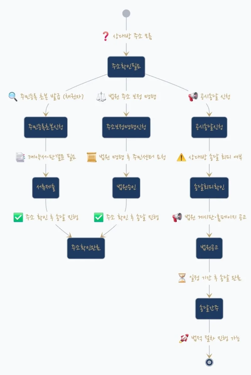 법률 문서의 송달과 내용증명의 전략적 활용 : 상대방의 주소를 모를 때 도표 1